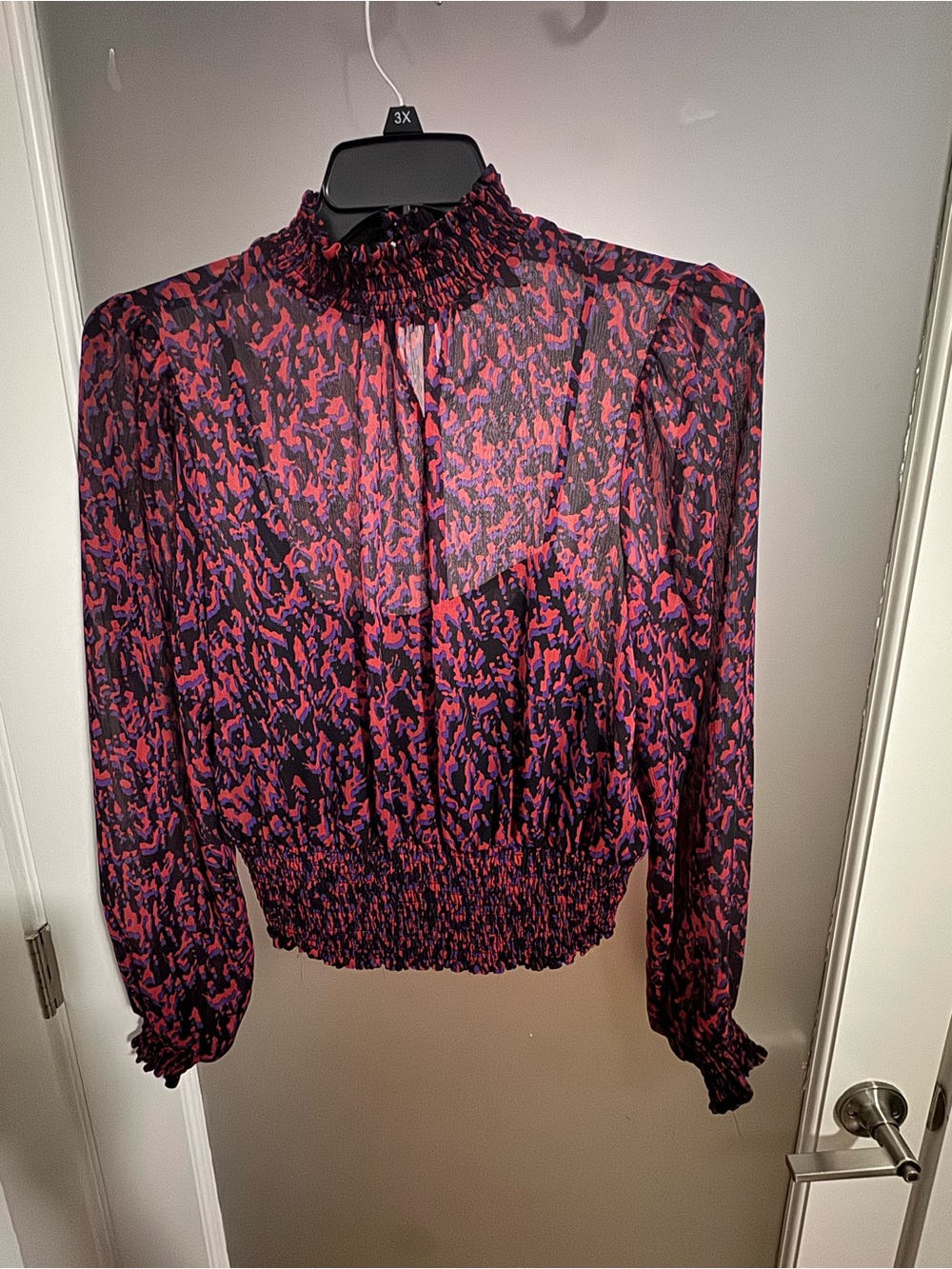 Women's Smocked High-Neck Chiffon Blouse in Pink and Black